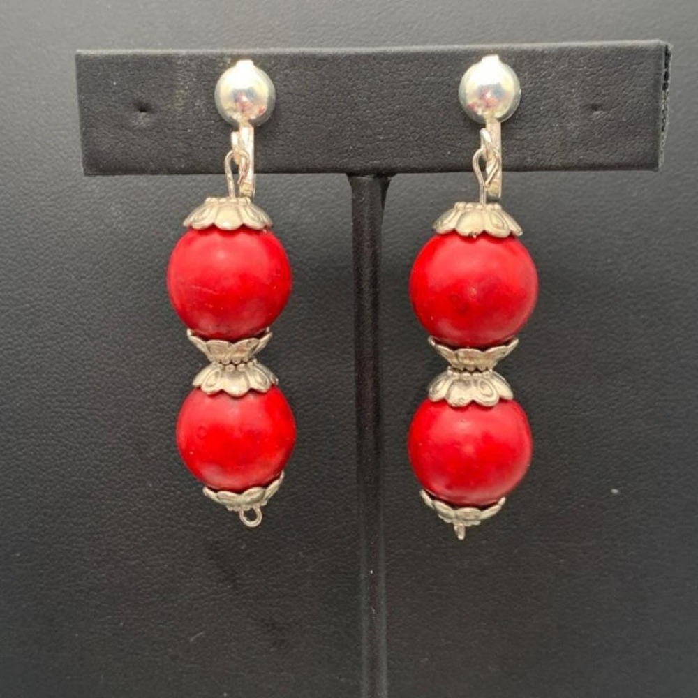 Silver tone and red wood bead clip on earrings
